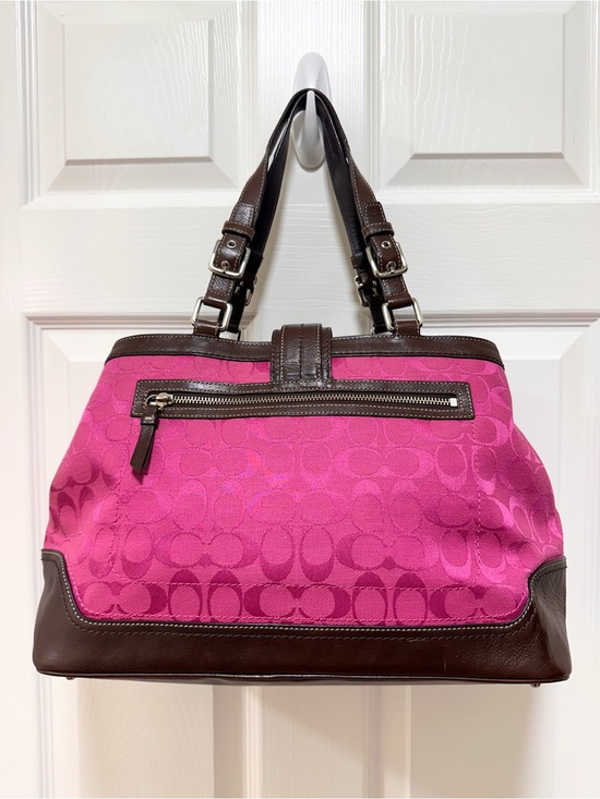 Coach Hamptons Signature Tote Pink Jacquard Brown Leather Buckle 